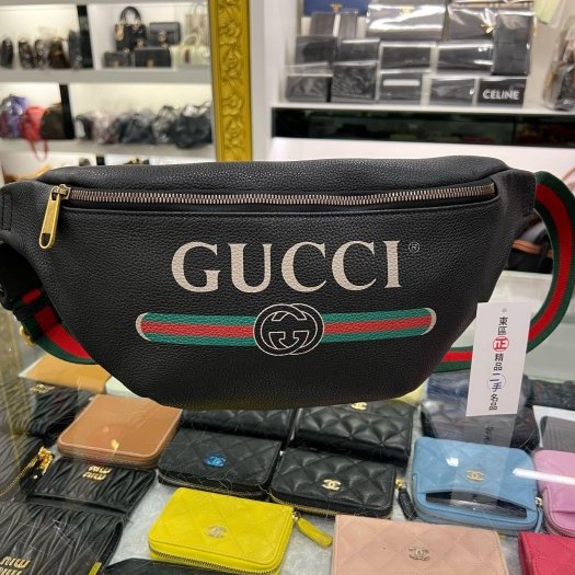 東區正精品㊣GUCCI 530412 黑色全皮綠紅綠LOGO側背包斜背腰包胸口包 RZ5756-0