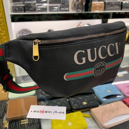 東區正精品㊣GUCCI 530412 黑色全皮綠紅綠LOGO側背包斜背腰包胸口包 RZ5756-1