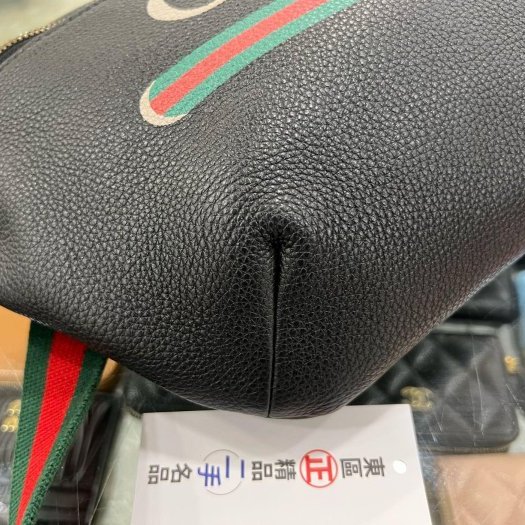 東區正精品㊣GUCCI 530412 黑色全皮綠紅綠LOGO側背包斜背腰包胸口包 RZ5756-5