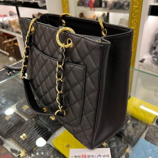 東區正精品㊣Chanel GST 香奈兒黑色荔枝牛皮金扣豆腐包肩背包托特包 RZ5757-5