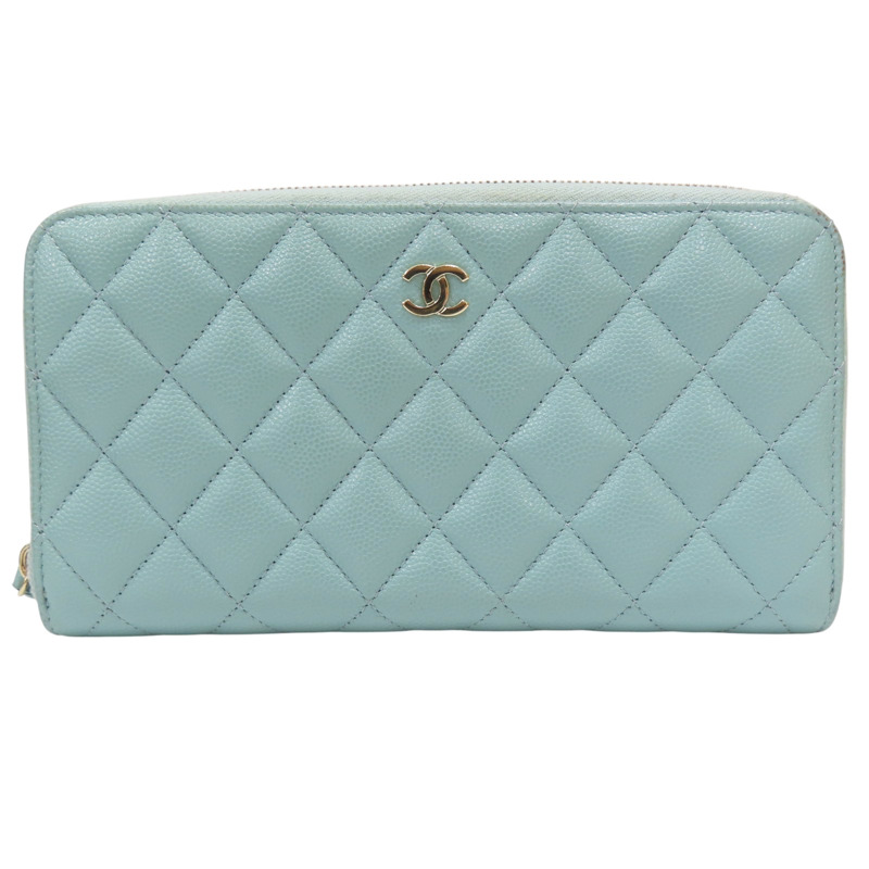 淺綠色 菱格紋 荔枝牛皮 拉鍊長夾【CHANEL 香奈兒】 AP0242-0