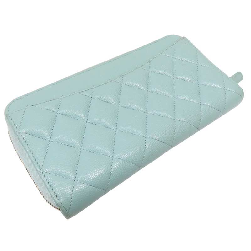 淺綠色 菱格紋 荔枝牛皮 拉鍊長夾【CHANEL 香奈兒】 AP0242-2