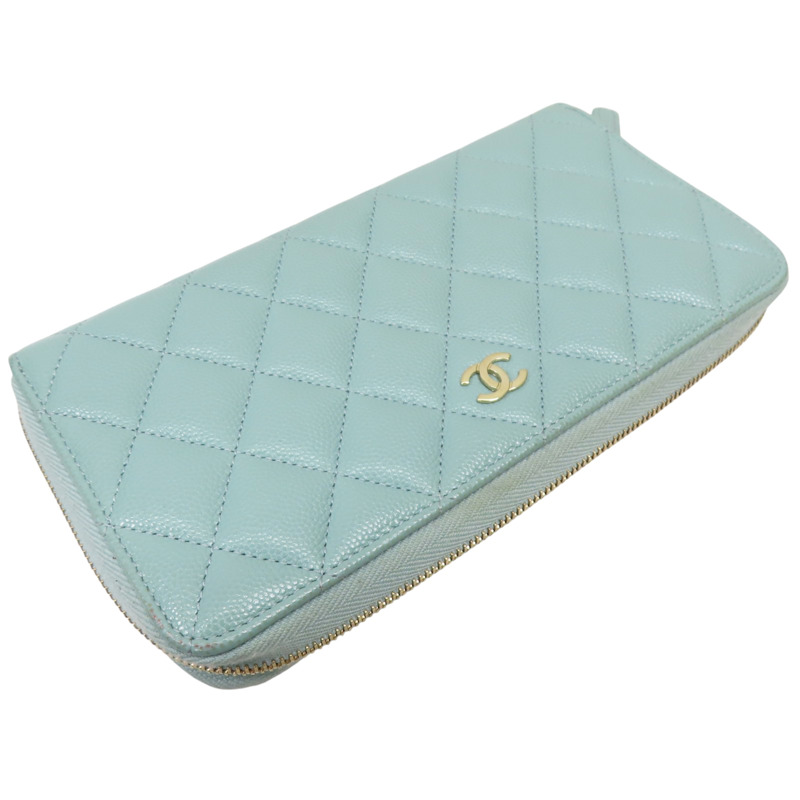 淺綠色 菱格紋 荔枝牛皮 拉鍊長夾【CHANEL 香奈兒】 AP0242-3