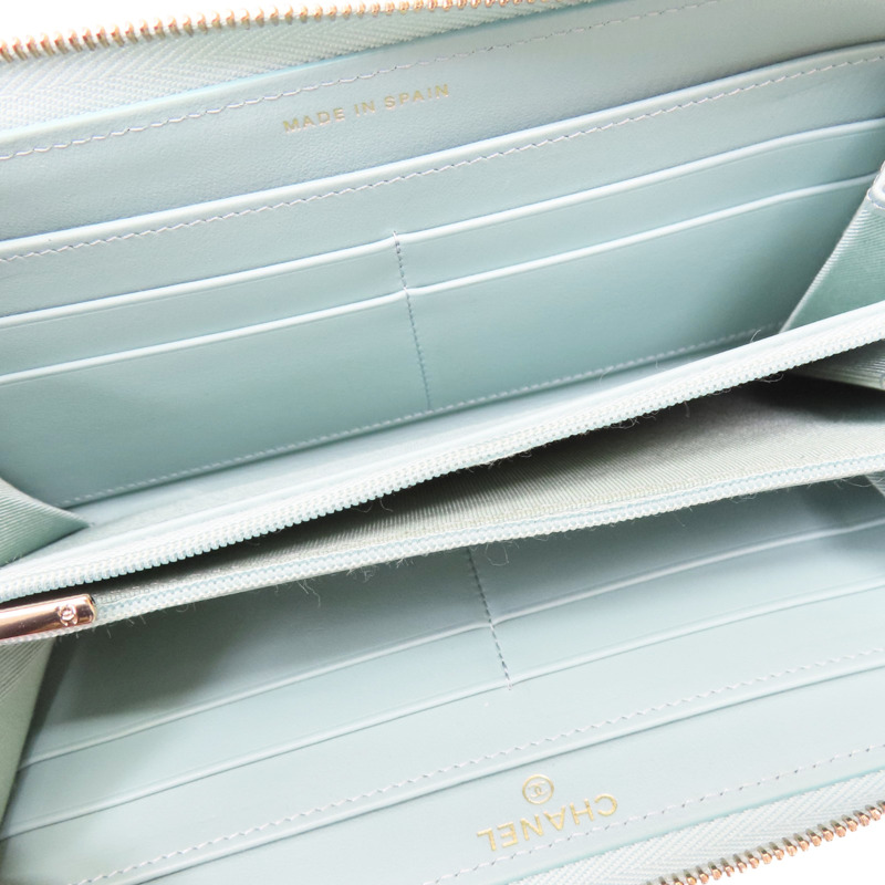 淺綠色 菱格紋 荔枝牛皮 拉鍊長夾【CHANEL 香奈兒】 AP0242-4
