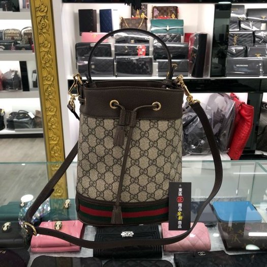東區正精品㊣GUCCI 550621全新咖啡色皮革PVC綠紅綠束口水桶包斜背包手提包兩用包 RA0924-0