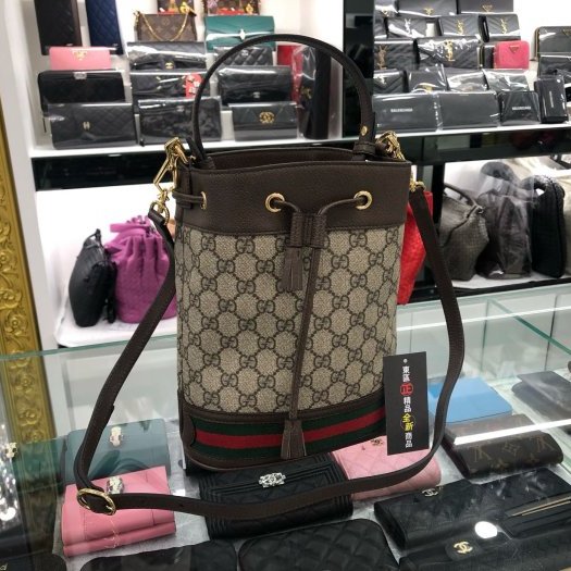東區正精品㊣GUCCI 550621全新咖啡色皮革PVC綠紅綠束口水桶包斜背包手提包兩用包 RA0924-1