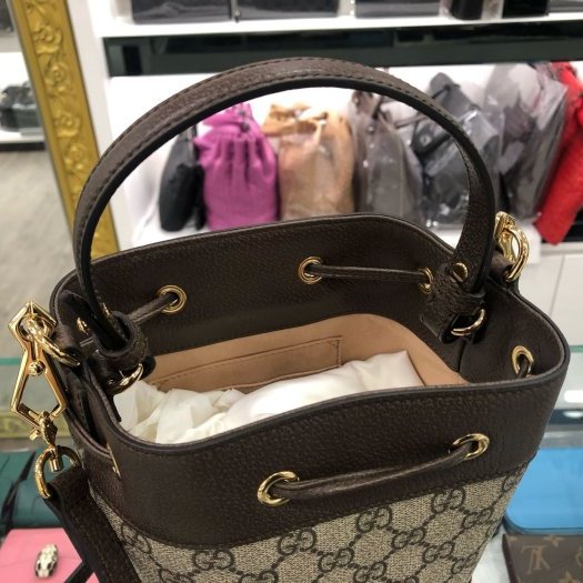 東區正精品㊣GUCCI 550621全新咖啡色皮革PVC綠紅綠束口水桶包斜背包手提包兩用包 RA0924-3