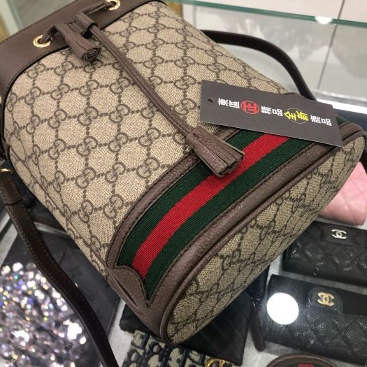 東區正精品㊣GUCCI 550621全新咖啡色皮革PVC綠紅綠束口水桶包斜背包手提包兩用包 RA0924-5