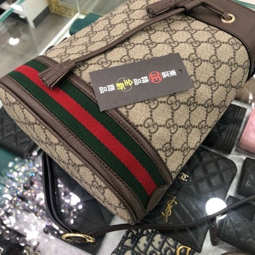 東區正精品㊣GUCCI 550621全新咖啡色皮革PVC綠紅綠束口水桶包斜背包手提包兩用包 RA0924-6
