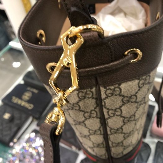 東區正精品㊣GUCCI 550621全新咖啡色皮革PVC綠紅綠束口水桶包斜背包手提包兩用包 RA0924-7