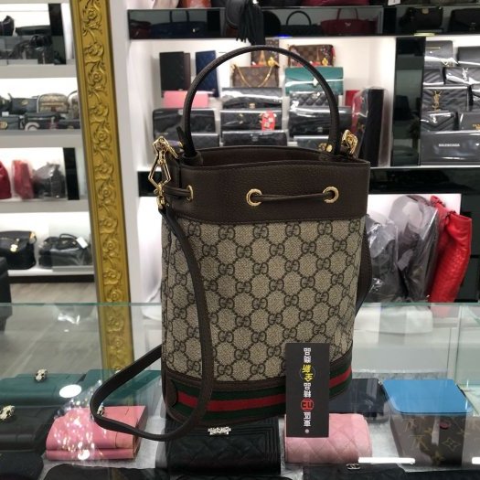 東區正精品㊣GUCCI 550621全新咖啡色皮革PVC綠紅綠束口水桶包斜背包手提包兩用包 RA0924-8