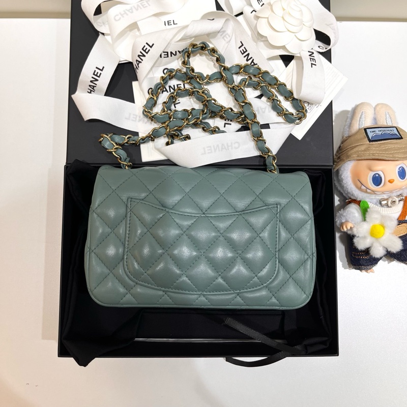 Chanel香奈兒藍綠色金扣羊皮CFmini鏈條包芯片款-7