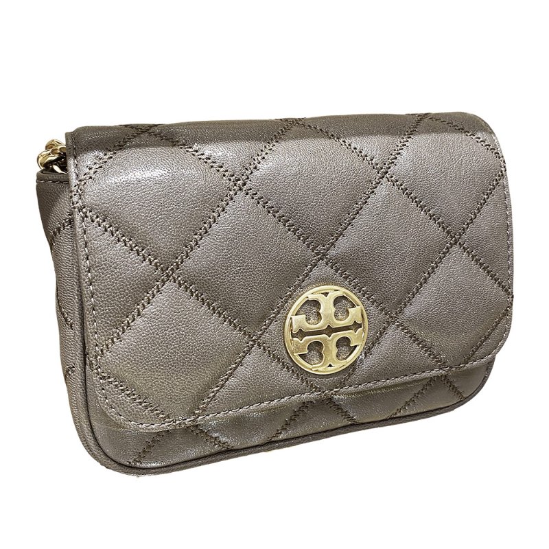 【TORY BURCH】翻蓋菱格紋皮革斜背包-岩石灰-0