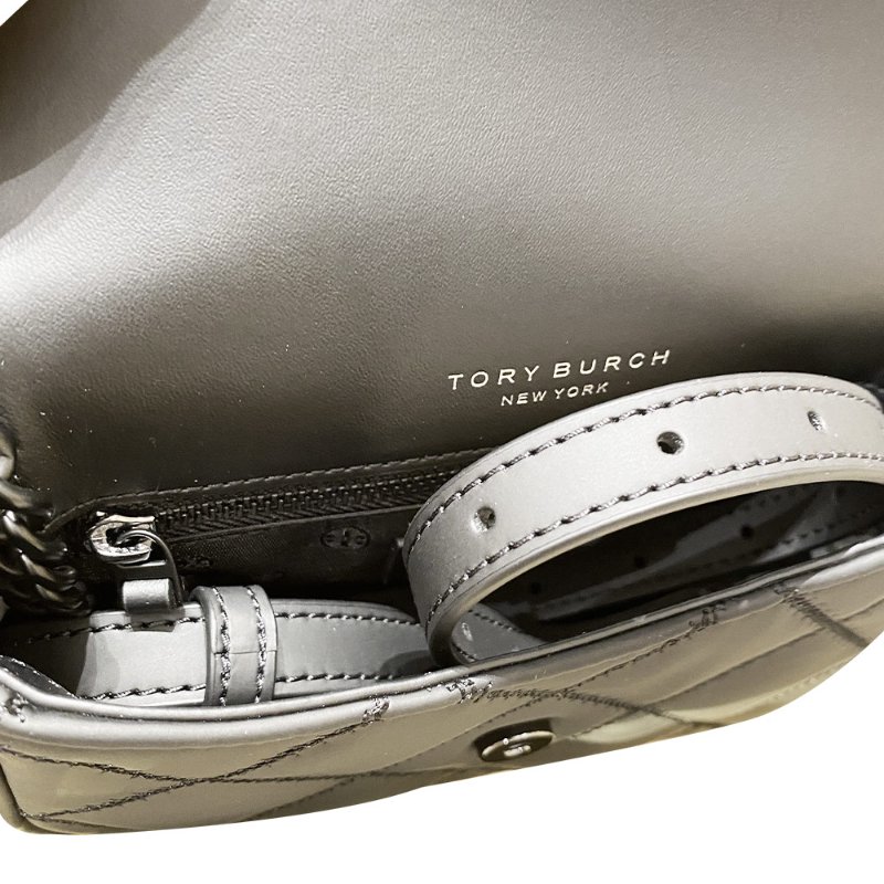 【TORY BURCH】翻蓋菱格紋皮革斜背包-岩石灰-2