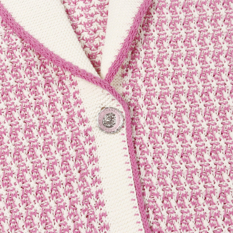 CHANEL 獅子紐扣衫針織上衣棉質粉紅白色二手女款 #36-6