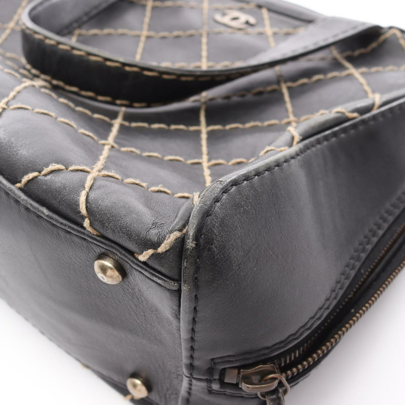 CHANEL Wild 縫線拉鍊手提包皮革黑色 SHW 二手女士 CC-7