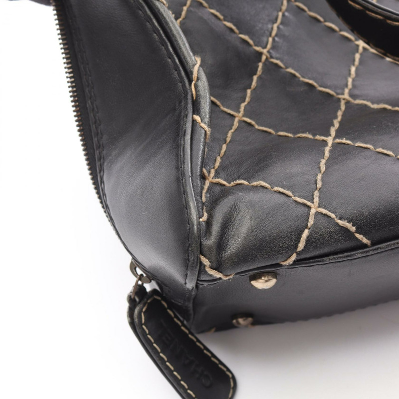 CHANEL Wild 縫線拉鍊手提包皮革黑色 SHW 二手女士 CC-8