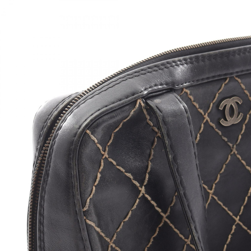 CHANEL Wild 縫線拉鍊手提包皮革黑色 SHW 二手女士 CC-9