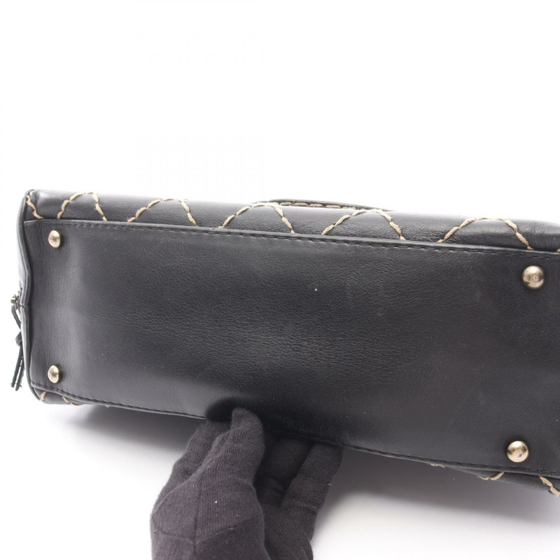 CHANEL Wild 縫線拉鍊手提包皮革黑色 SHW 二手女士 CC-14