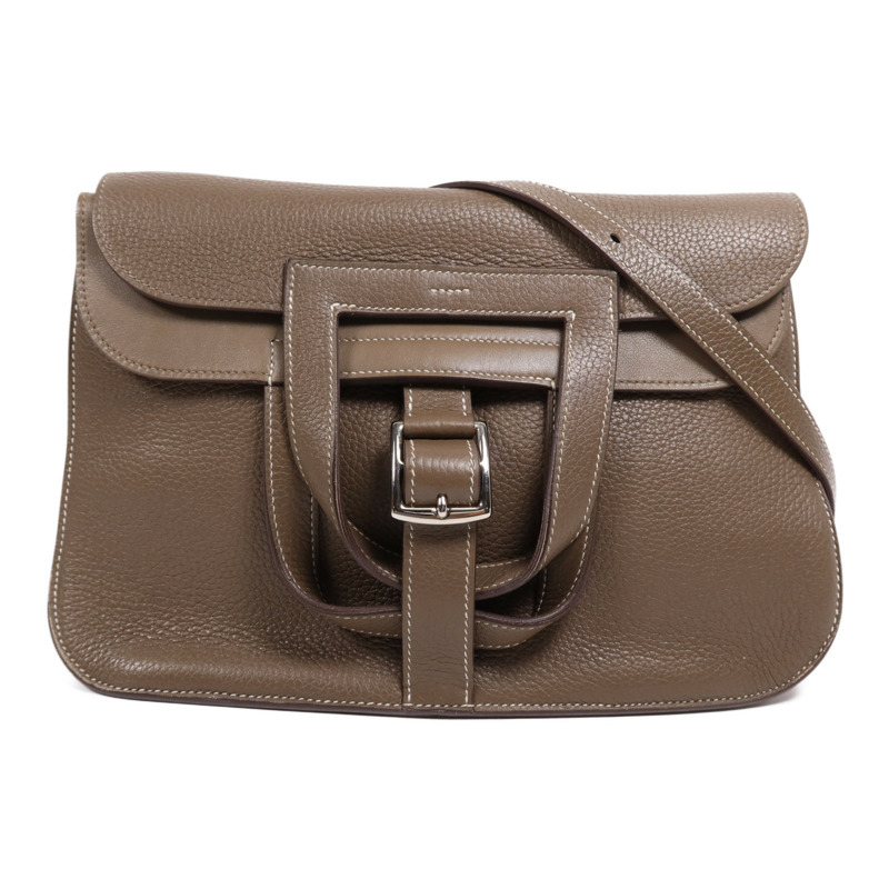 HERMES Clemence皮革Halzan 31銀扣手挽肩背兩用袋Etoupe-0