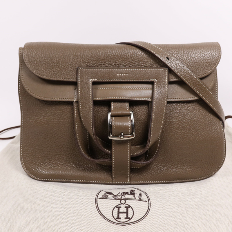 HERMES Clemence皮革Halzan 31銀扣手挽肩背兩用袋Etoupe-8