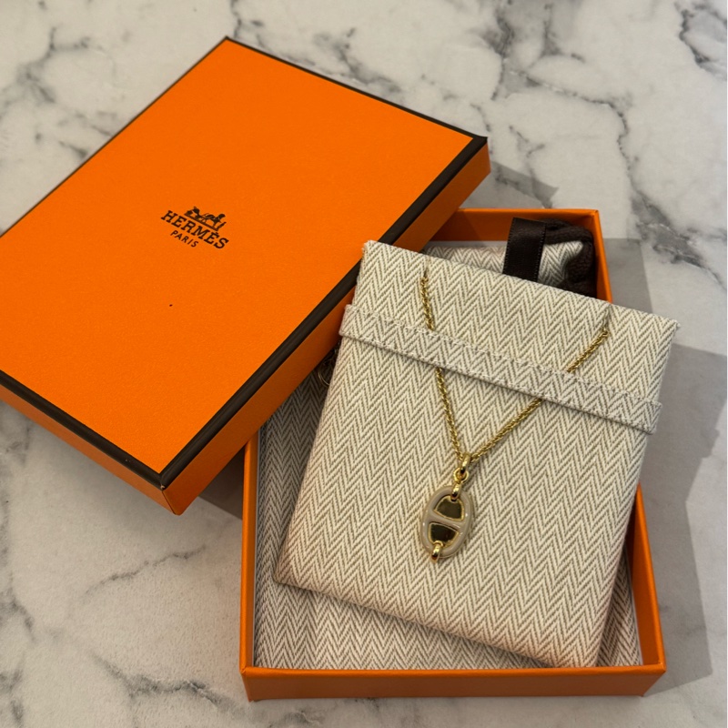 Hermes奶茶色豬鼻子金項鏈-0