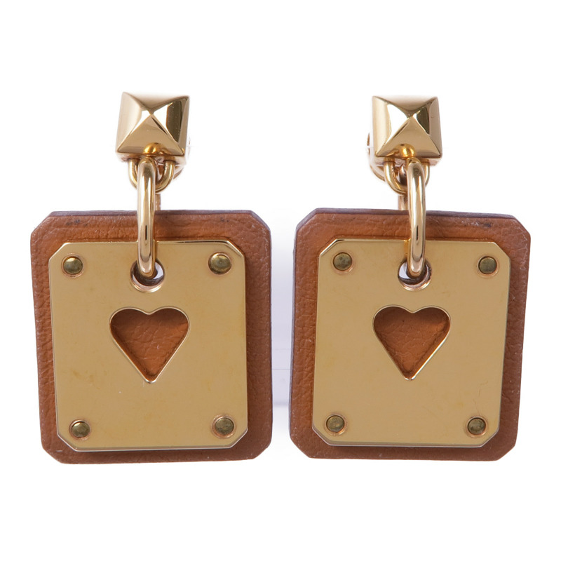 HERMES Swift皮革/鍍金As de Coeur Earrings耳環-0