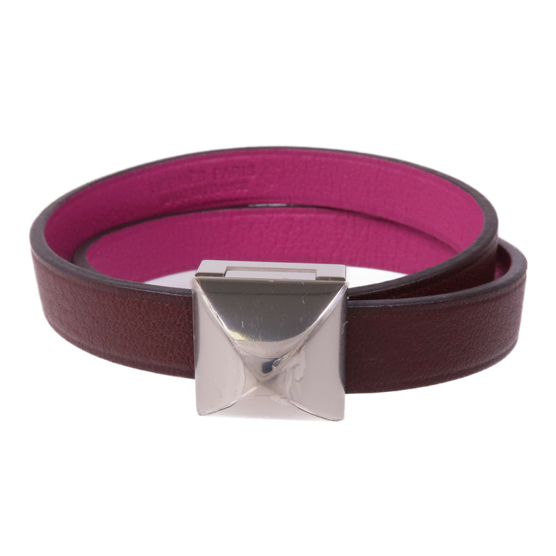 HERMES Swift皮革Medor Infini Double Tour Bracelet銀扣手帶Rose Pourpre-0