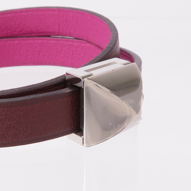 HERMES Swift皮革Medor Infini Double Tour Bracelet銀扣手帶Rose Pourpre-5
