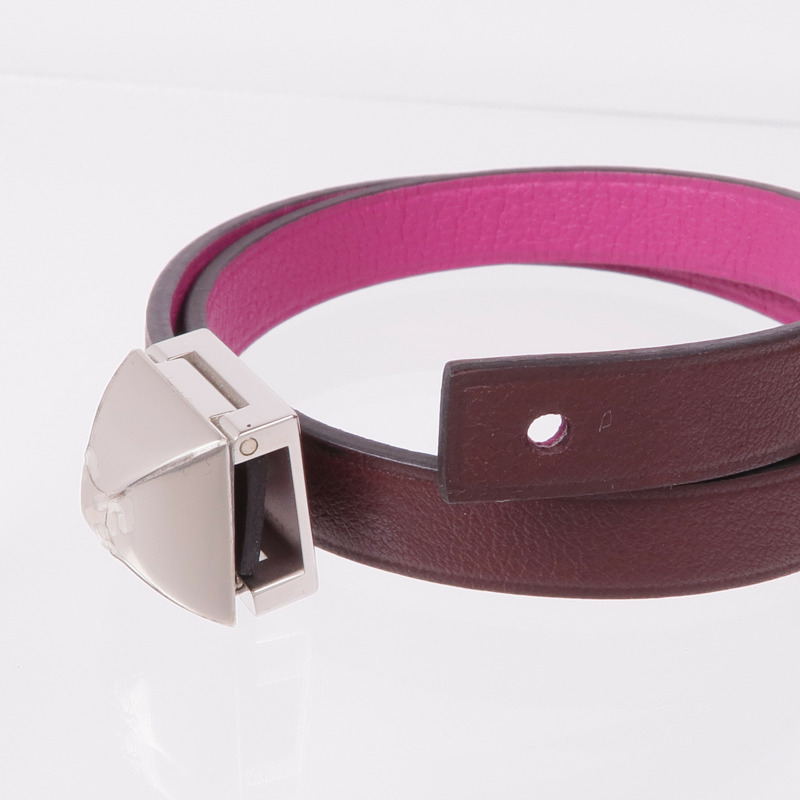 HERMES Swift皮革Medor Infini Double Tour Bracelet銀扣手帶Rose Pourpre-6