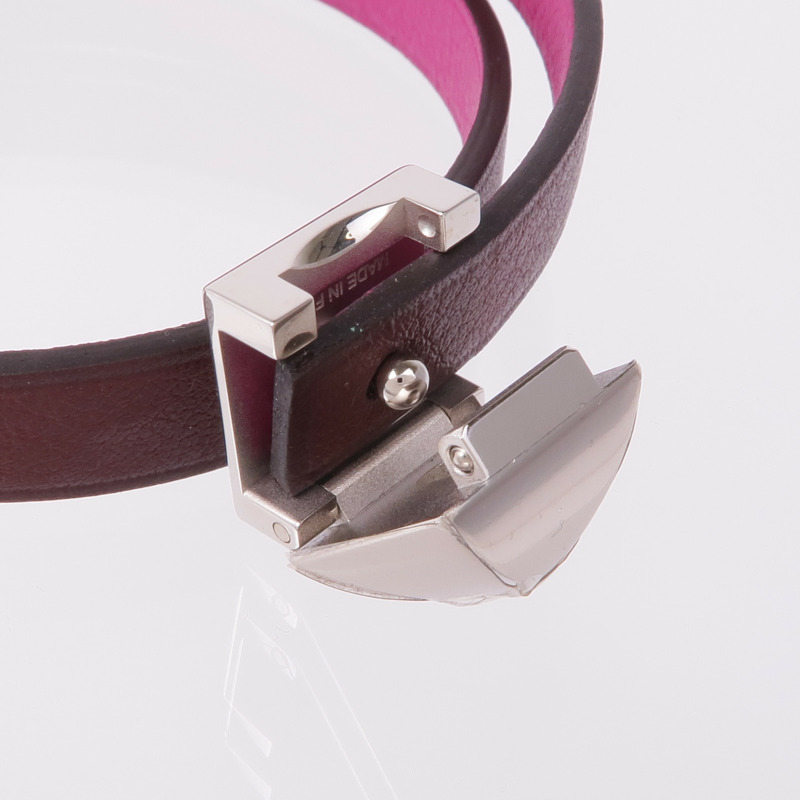 HERMES Swift皮革Medor Infini Double Tour Bracelet銀扣手帶Rose Pourpre-7