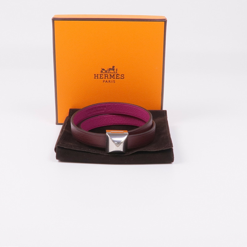 HERMES Swift皮革Medor Infini Double Tour Bracelet銀扣手帶Rose Pourpre-11