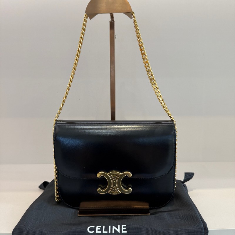 CELINE Triomphe凱旋門 黑色牛皮搭配金色鎖扣精緻光滑 肩背包 斜背包-0