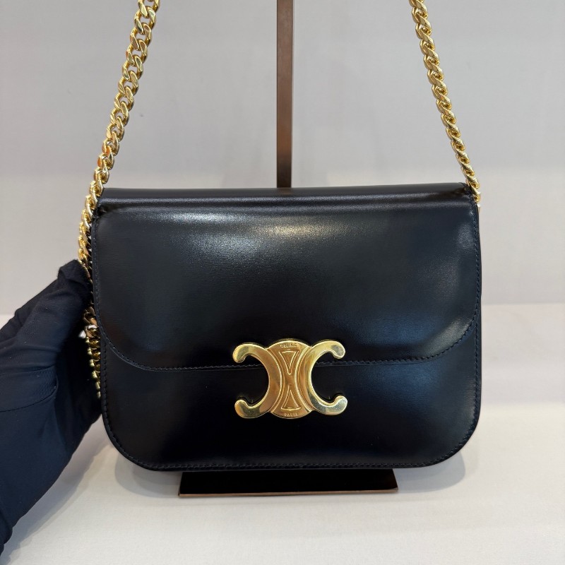 CELINE Triomphe凱旋門 黑色牛皮搭配金色鎖扣精緻光滑 肩背包 斜背包-2