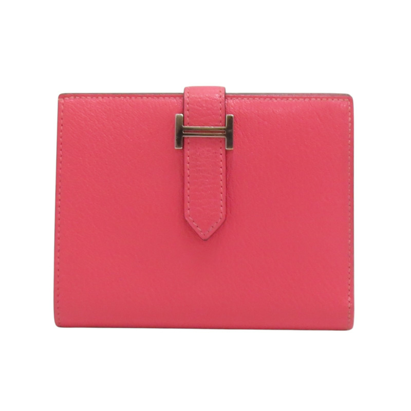 唇膏粉 Chevre山羊皮 Bearn 銀扣 兩折短夾 C刻 銀扣【HERMES 愛馬仕】-0