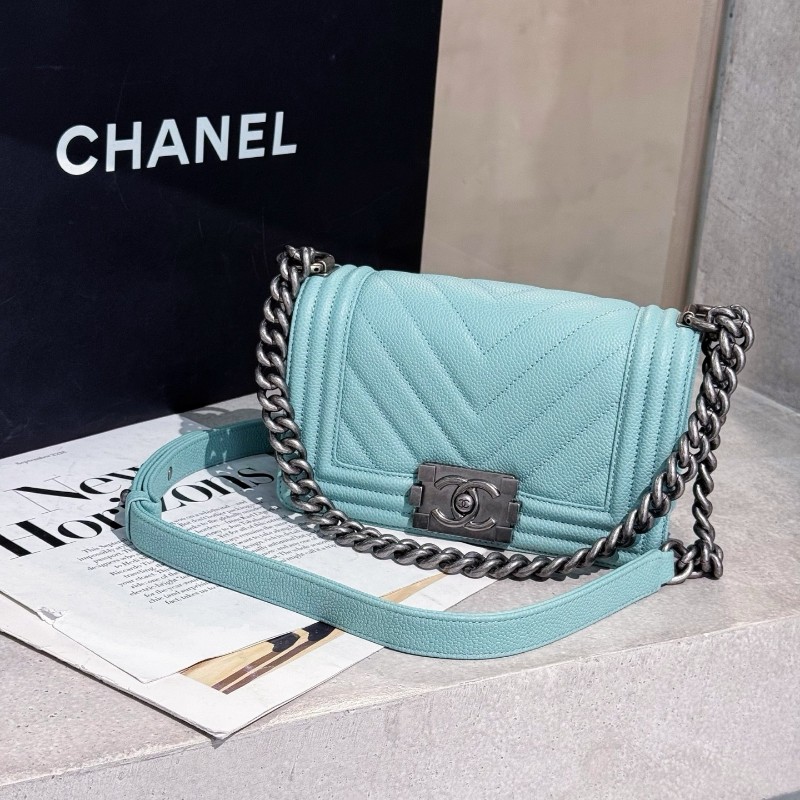 CHANEL V紋leboy小號 薄荷綠/銀扣 荔枝牛皮肩背包斜背包-1