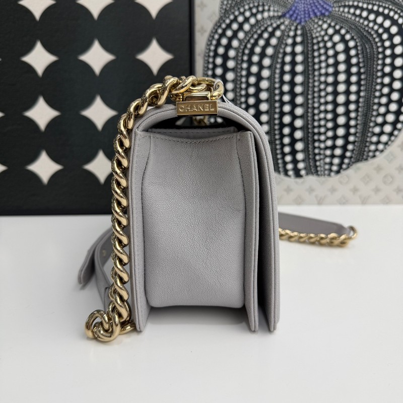 Chanel香奈兒 leboy中號 灰色金扣 荔枝牛皮 肩背包斜背包-1