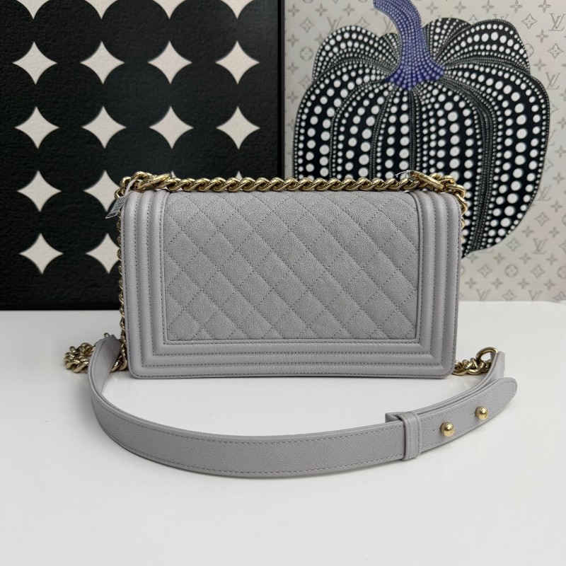 Chanel香奈兒 leboy中號 灰色金扣 荔枝牛皮 肩背包斜背包-2