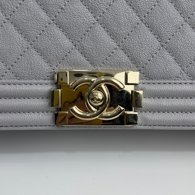 Chanel香奈兒 leboy中號 灰色金扣 荔枝牛皮 肩背包斜背包-5