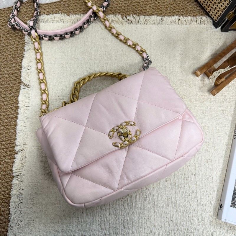 CHANEL 19bag小號 羊皮 淡粉色 金色金屬 肩背包斜背包-0
