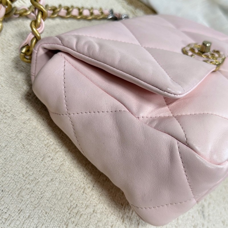 CHANEL 19bag小號 羊皮 淡粉色 金色金屬 肩背包斜背包-2