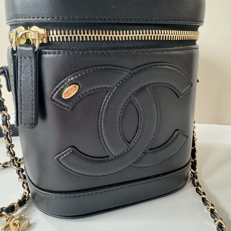 CHANEL 黑色 小羊皮 淡金練 復古 化妝盒包 手提 肩背 斜背 AS0323-3