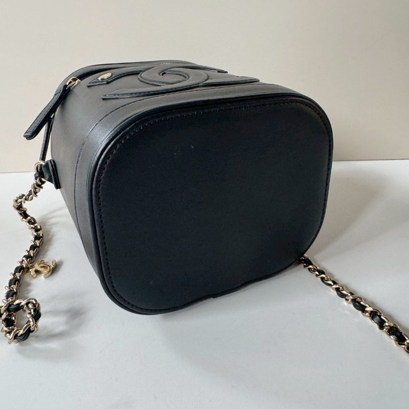 CHANEL 黑色 小羊皮 淡金練 復古 化妝盒包 手提 肩背 斜背 AS0323-6