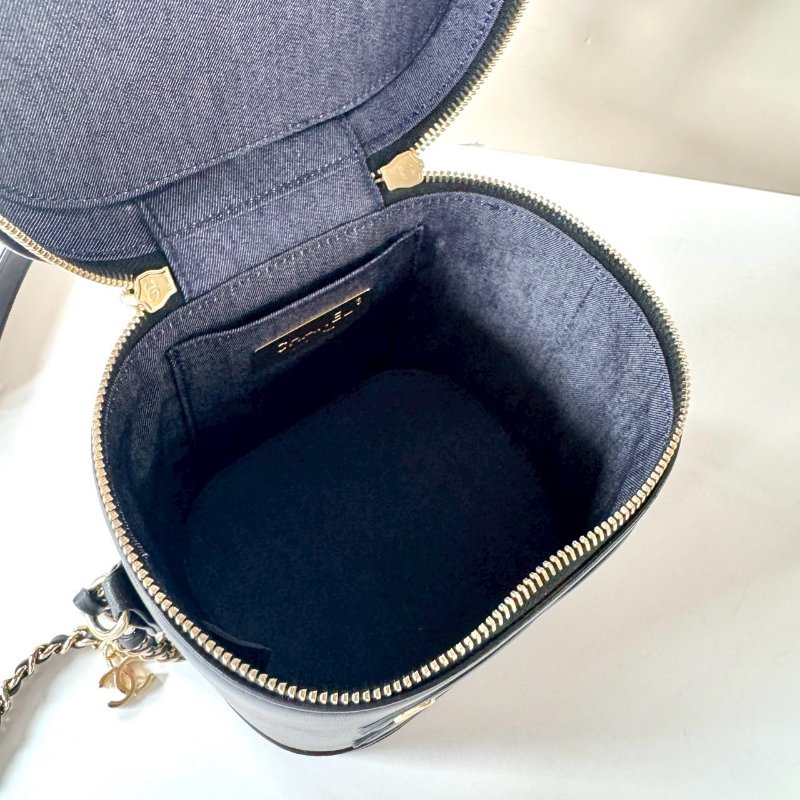 CHANEL 黑色 小羊皮 淡金練 復古 化妝盒包 手提 肩背 斜背 AS0323-7