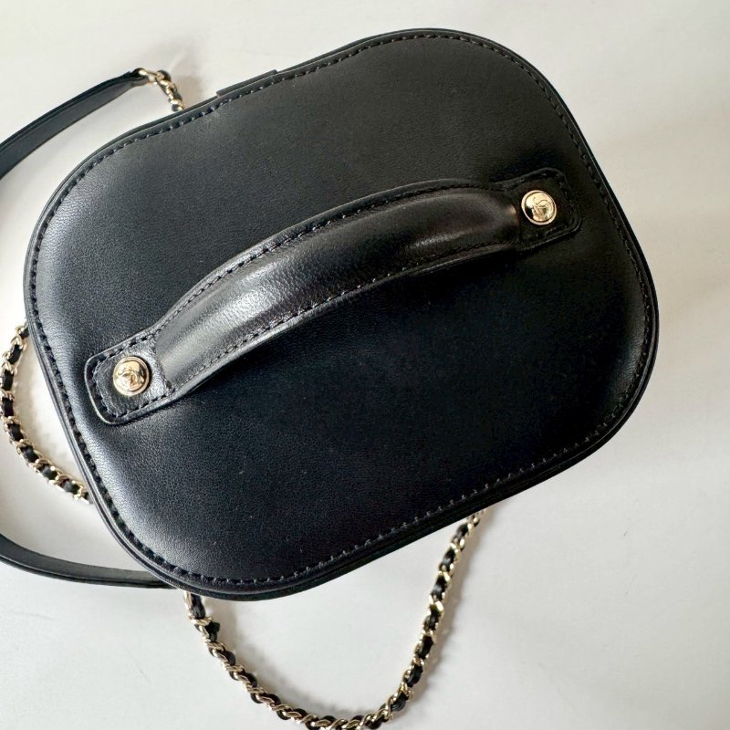 CHANEL 黑色 小羊皮 淡金練 復古 化妝盒包 手提 肩背 斜背 AS0323-8