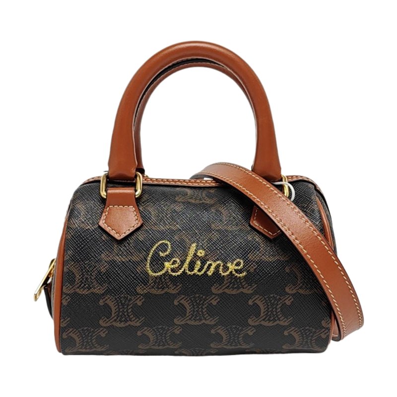 CELINE 迷你 棕色塗層帆布凱旋門單肩包斜挎包 金色五金 可拆卸肩帶-0