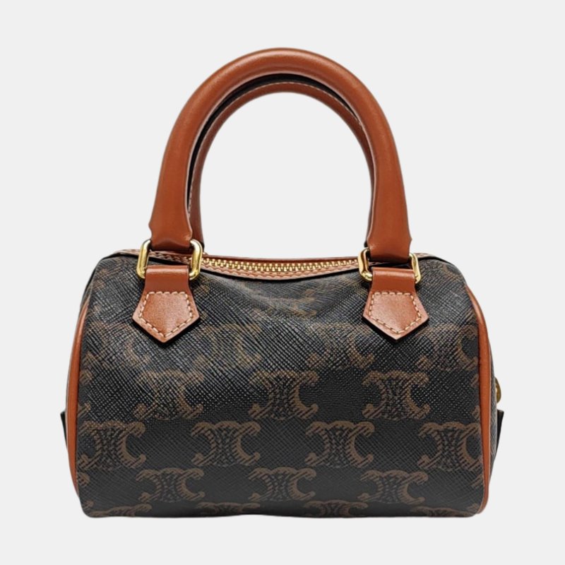 CELINE 迷你 棕色塗層帆布凱旋門單肩包斜挎包 金色五金 可拆卸肩帶-4