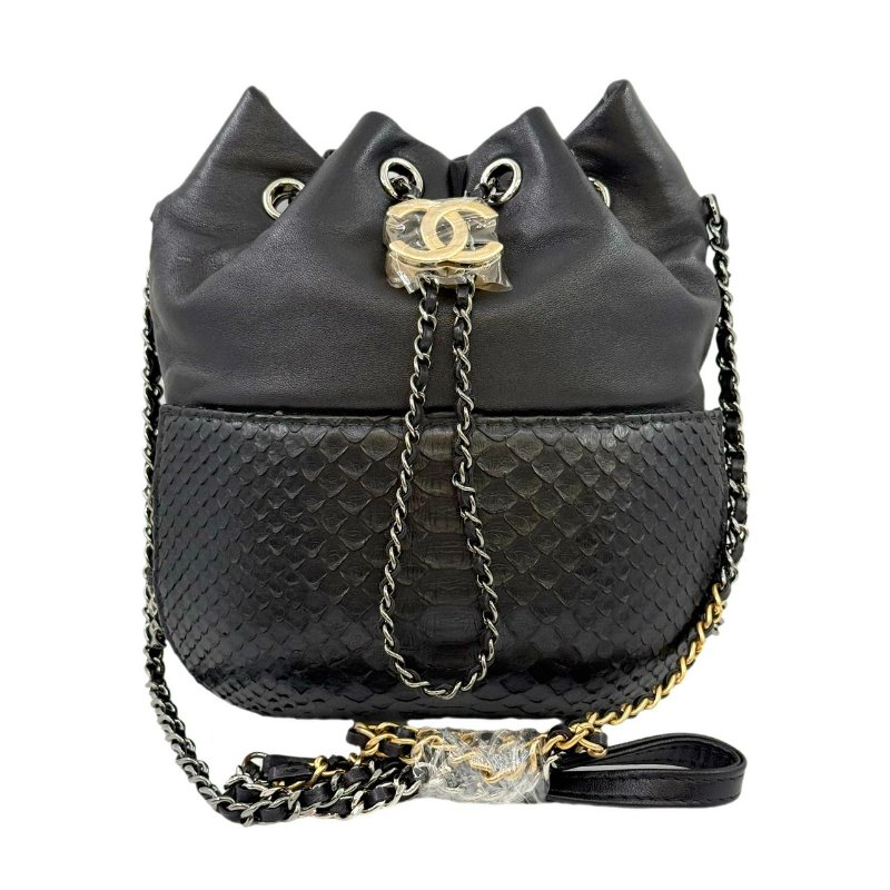 ［2240］香奈兒Chanel 水桶包 小號 黑色 羊+蛇皮 23開-0