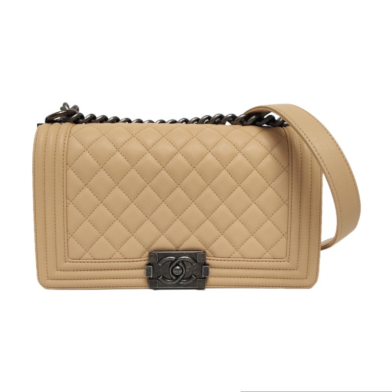 CHANEL BOY 中號 卡其色牛皮菱格紋绗縫肩背包斜背包 釕色五金-0
