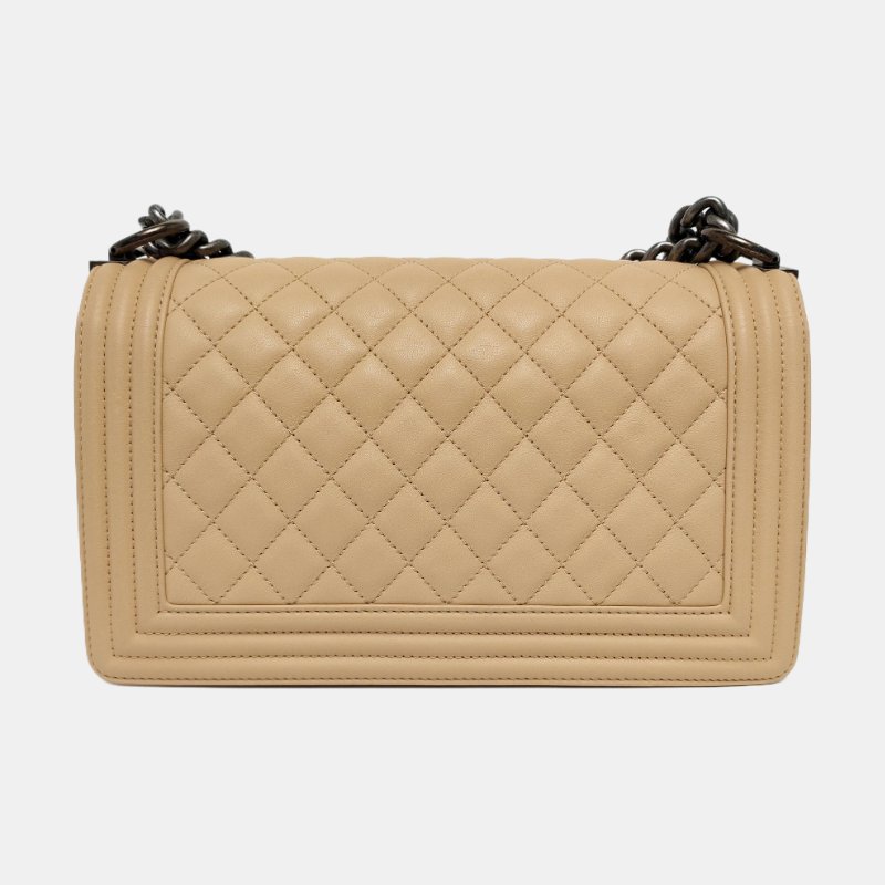 CHANEL BOY 中號 卡其色牛皮菱格紋绗縫肩背包斜背包 釕色五金-4